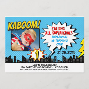 Boys Superhero Photo 1st Birthday Invitation