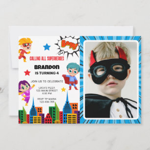 Boys Superhero Photo Birthday Party Invitation