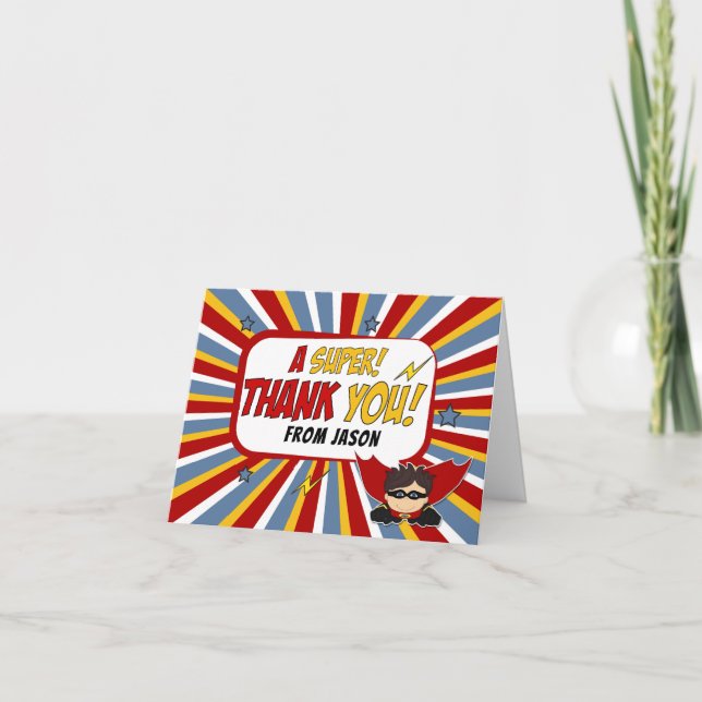 Boys Superhero Theme Birthday Thank You Card (Front)