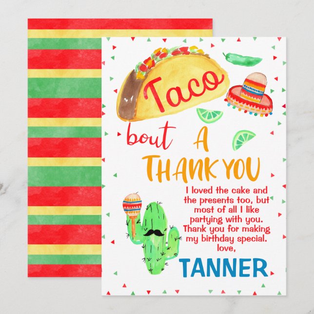 Boys Taco Fiesta Carte de remerciements d'annivers (Devant / Derrière)