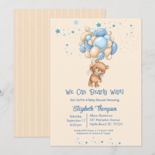 Boys Teddy Bear Balloons Bearly Wait Baby Shower  Invitation
