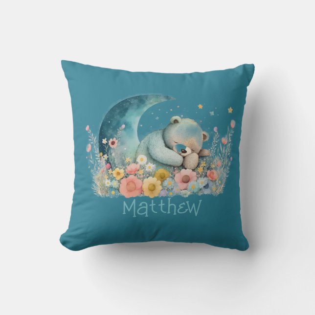 Boys Teddy Bear Wildflowers Moon Personalized Throw Pillow (Front)
