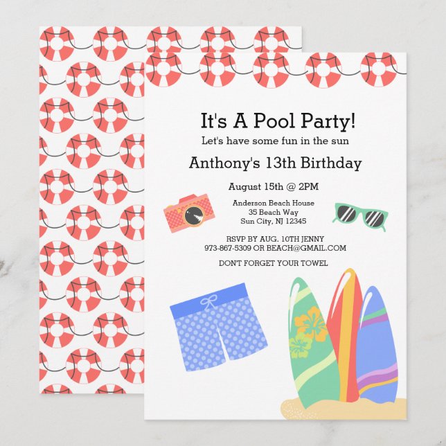 Boys Teen Pool Party Birthday Invitation (Front/Back)