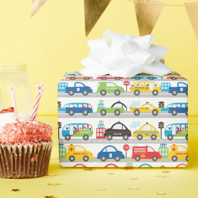 Boy's Things that Move Vehicles Name Age Wrapping Paper (Birthday Party)