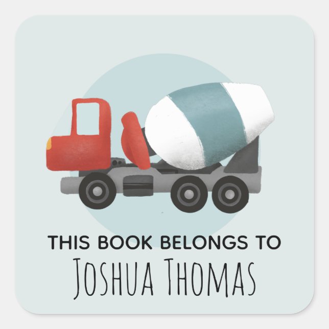 Boys This Book Belongs Construction Kids Bookplate Square Sticker (Front)
