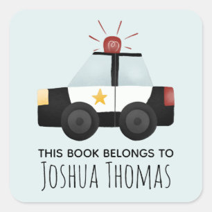 Boys This Book Belongs Police Car Kids Bookplate Square Sticker
