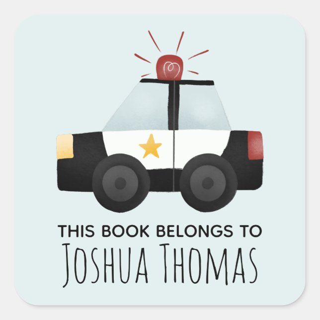 Boys This Book Belongs Police Car Kids Bookplate Square Sticker (Front)