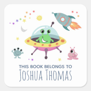 Boys "This Book Belongs" Space Alien Bookplate Square Sticker