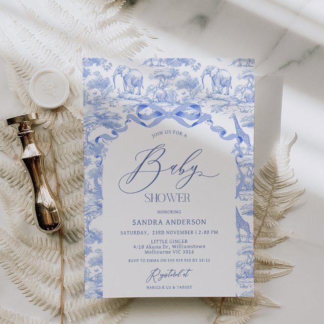 Boys Toile De Jouy Blue Baby Shower Invitation (Safari Baby Shower Invitation BLUE, Toile Shower Invite,Toile De Jouy Blue Baby Shower Invitation)