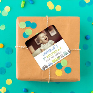 Boys Toys Cute Transport Photo Kid Birthday Party Square Sticker