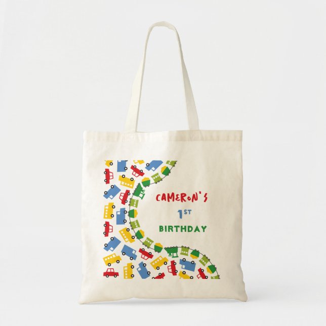 Boys Toys Fun Colourful Transport Birthday Party Tote Bag (Front)