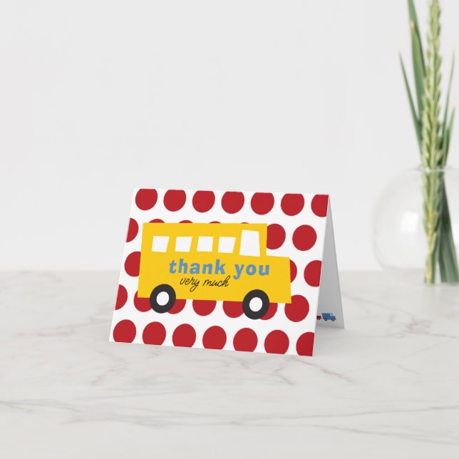 Boy's Toys Fun Cute Transport Yellow Bus Red Dots Thank You Card (Front)