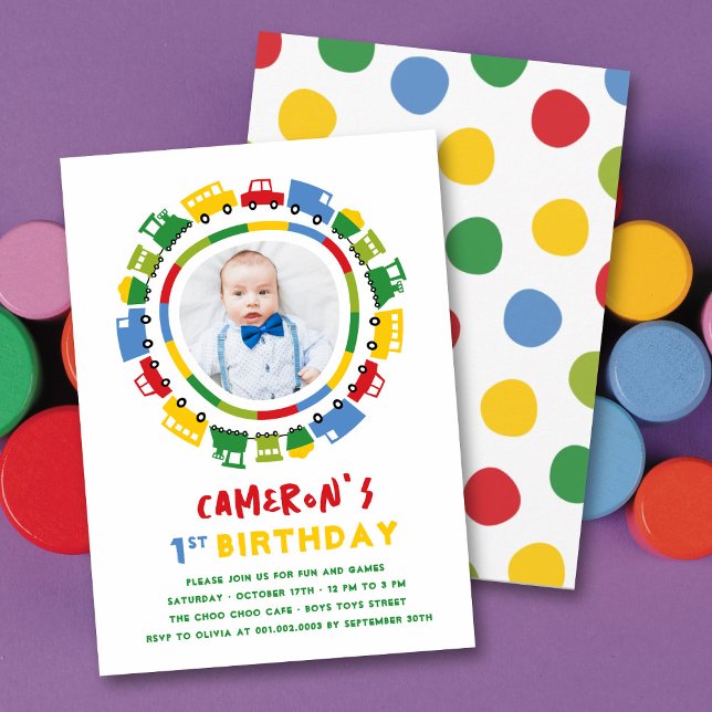 Boys Toys Fun Transport Photo 1st Birthday Party Invitation (Boy's Toys Transport Kid's Birthday Party Collection @ fat*fa*tin)