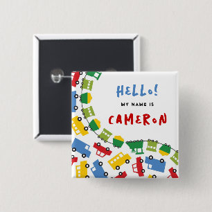 Boys Toys Transport Birthday Party Name Tag Button