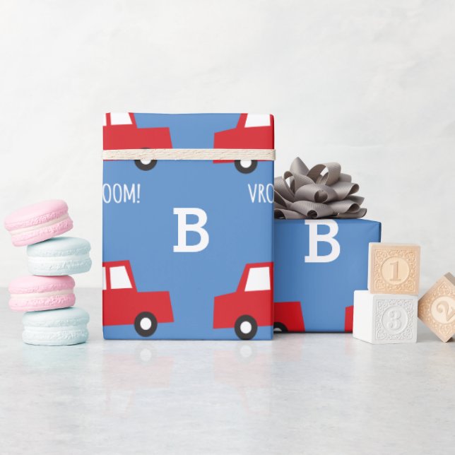 Boys Toys Transport Cute Red Car Monogram Birthday Wrapping Paper (Baby Shower)