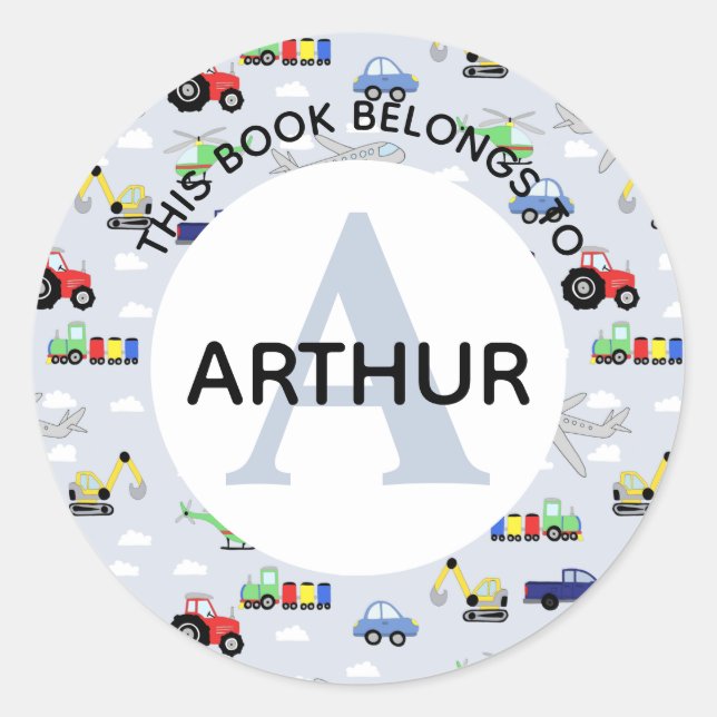 Boys Tractor Train Airplane and Name Bookplate Classic Round Sticker (Front)