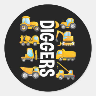 Boys' Trucks and Diggers Vertical Text for Classic Round Sticker