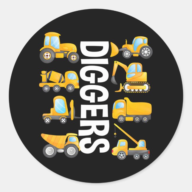 Boys' Trucks and Diggers Vertical Text for Classic Round Sticker (Front)