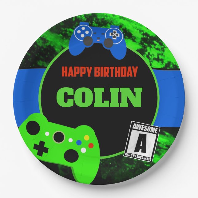 Boys Video Game Birthday Party Personalized Paper Plate (Front)