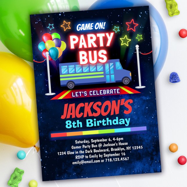 Boys Vidéo Game Party Bus Invitation (Créateur téléchargé)