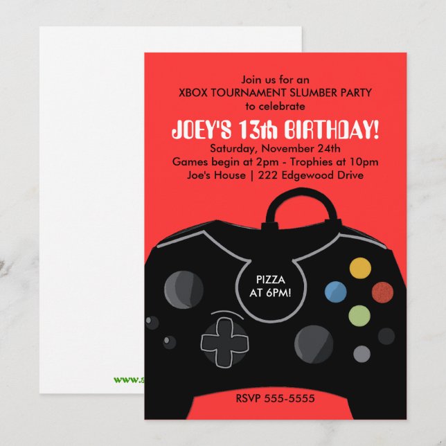 BOYS VIDEO GAME SLUMBER PARTY INVITE RED (Front/Back)