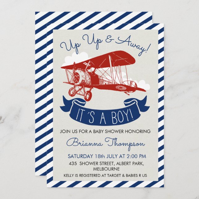 Boy's Vintage Plane Baby Shower Invitation (Front/Back)