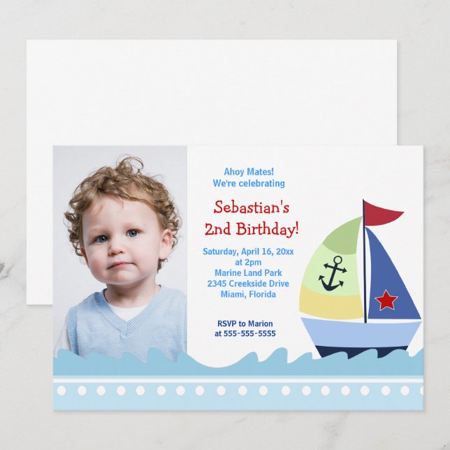 Boys voiliers Photo Anniversaire Invitation Modèle (Devant / Derrière)