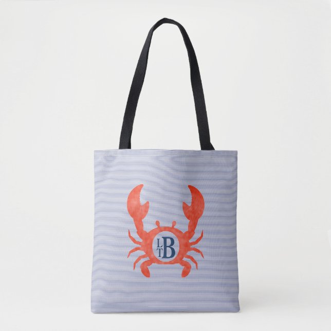 Boys Watercolor Crab Monogram Circlel Tote Bag (Front)