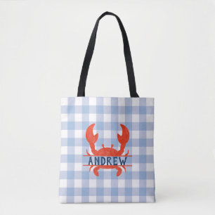 Boys Watercolor Crab Split Name Tote Bag