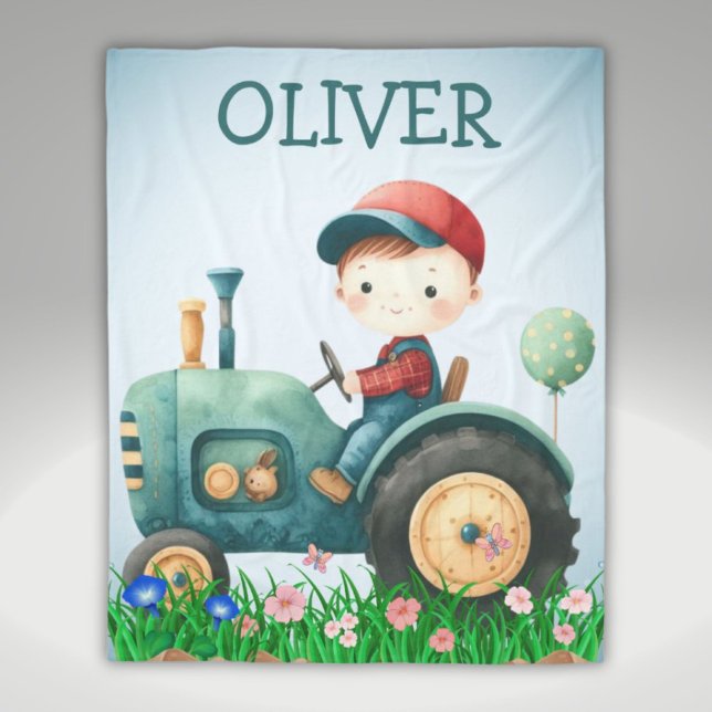 Boys' Watercolor Cute Green Tractor Personalized Fleece Blanket (Creator Uploaded)