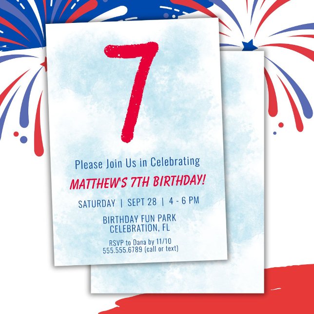 Boys Watercolor Kids Blue 7th Birthday Invitation (Creator Uploaded)