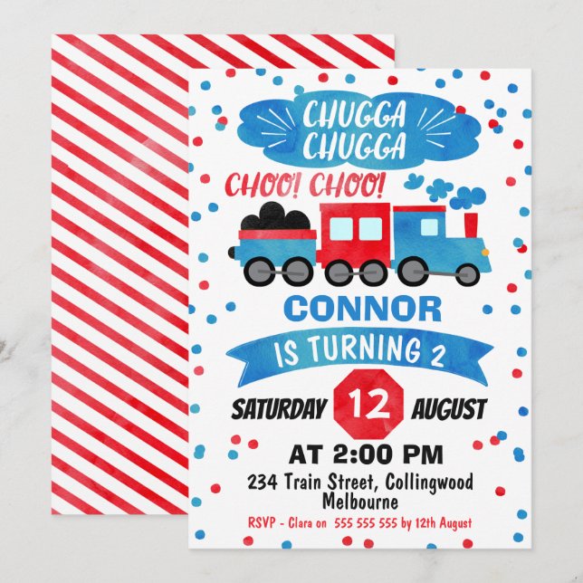 Boys Watercolor Train Invitation Anniversaire (Devant / Derrière)
