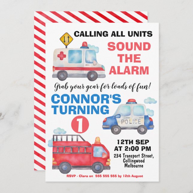 Boys Watercolor Transport 1st Birthday Invitation (Front/Back)