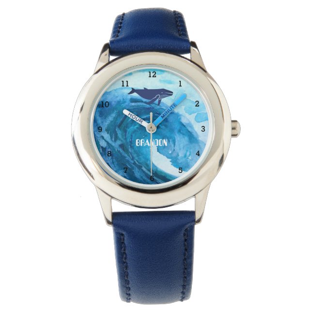 Boys Whale Ocean Fish Cute Modern Blue Kids Watch (Front)