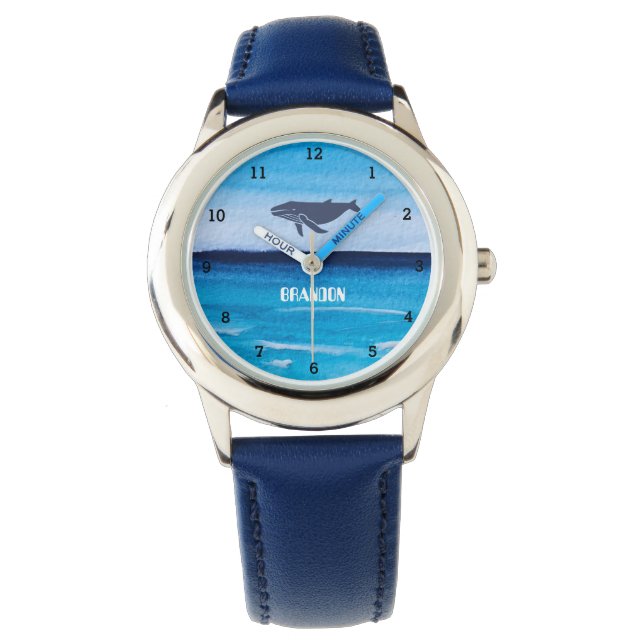 Boys Whale Ocean Fish Cute Modern Blue Kids Watch (Front)