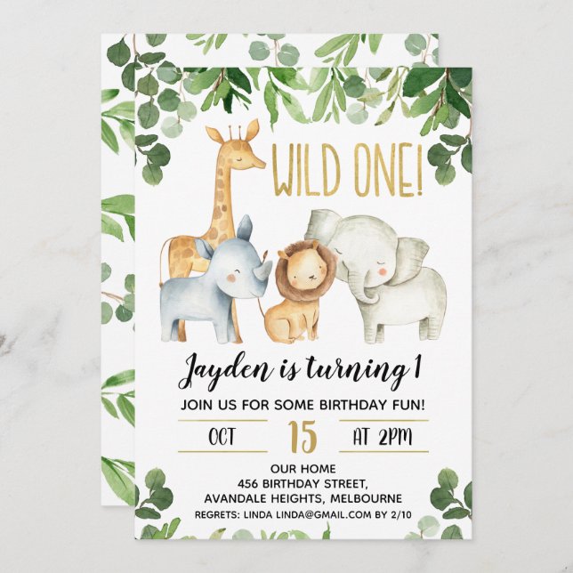 Boys Wild One Foliage Safari Birthday Invitation (Front/Back)