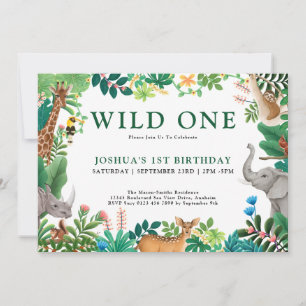 Boys Wild One Jungle Safari Animals 1st Birthday Invitation