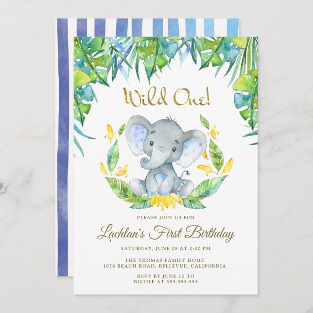 Boys Wild One Safari Baby Elephant 1st Birthday Invitation (Front/Back)