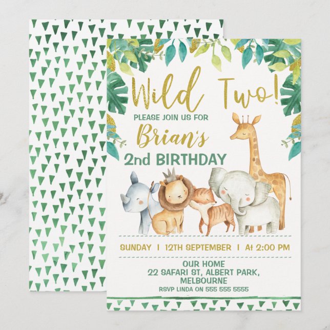 Boys Wild Two Safari First Birthday Invitation (Front/Back)
