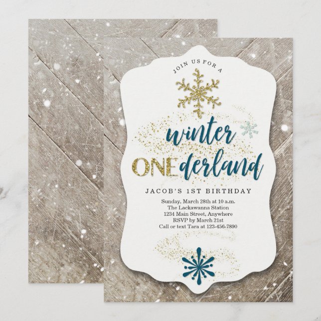 Boys Winter ONEderland Themed First Birthday Party Invitation (Front/Back)