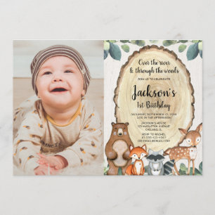Boys woodland animals first 1st birthday photo invitation