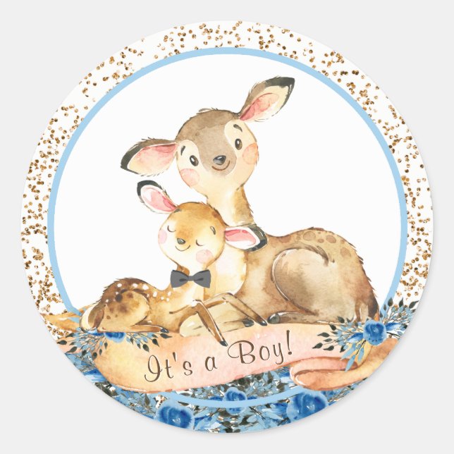 Boys Woodland Deer Baby Shower Stickers (Front)