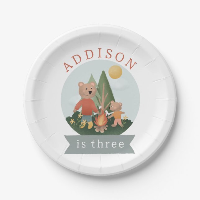 Boys Woodland Forest Camping Bears Birthday  Paper Plate (Front)