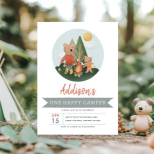 Boys WoodlandOne Happy Camper Bear 1st Birthday Invitation