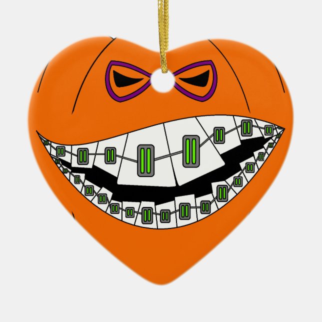 Braces Pumpkin Halloween Evil Grin Geeky Nerdy Ceramic Ornament (Front)