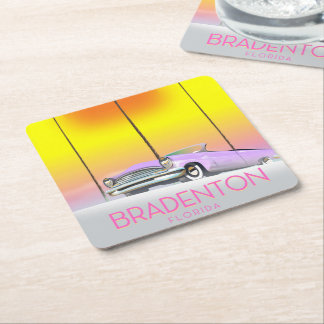 Bradenton Florida Classic car travel poster Square Paper Coaster