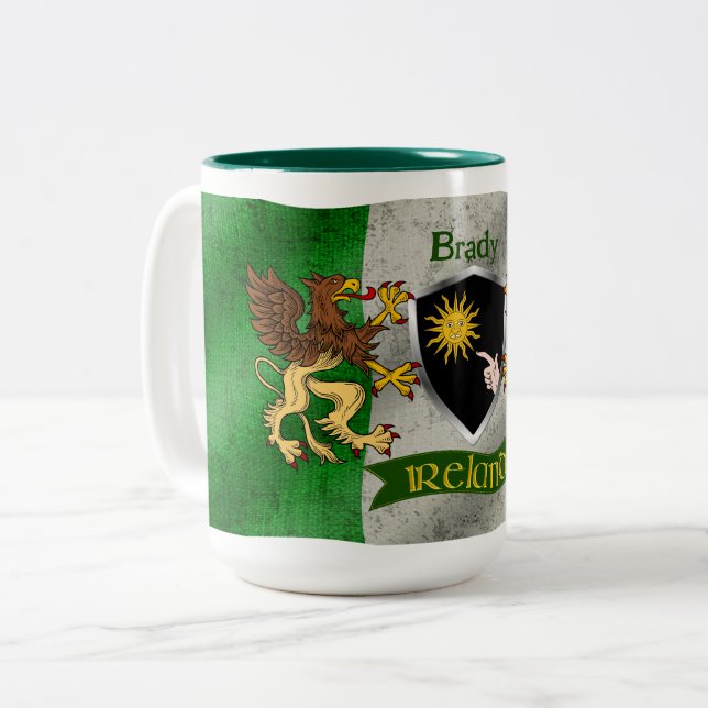 Brady Irish Shield w/Distressed Flag Personalized Two-Tone Coffee Mug (Front Left)