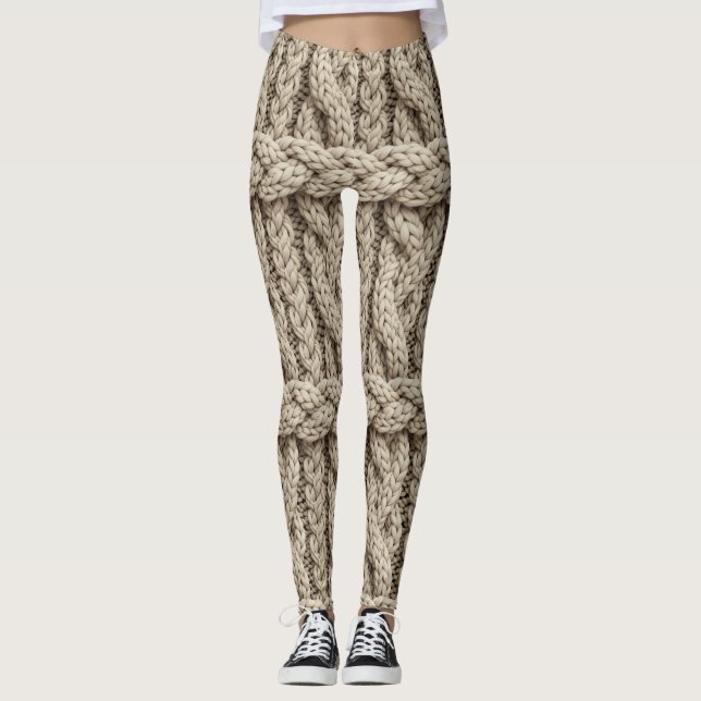 Braided Thread Knit Texture – Warm Beige (4) Leggings (Front)