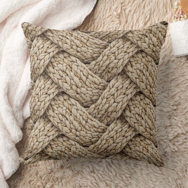 Braided Thread Knit Texture – Warm Beige Throw Pillow (Blanket)