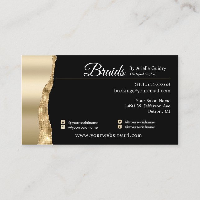 Braids Hair Braiding Stylist Salon Gold Glam Photo Business Card (Back)